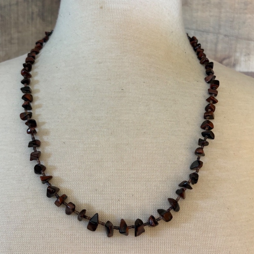 Vintage Tigers Eye Chip Bead Necklace Brown Gold Gemstone 24 Inch Barrel Clasp